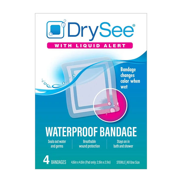 Packaging of DrySee waterproof bandages with liquid alert, indicating the bandages are designed to change color when wet.