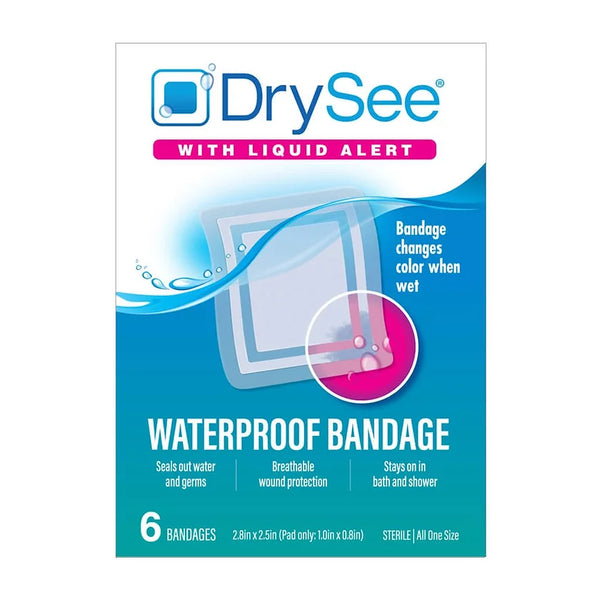 Packaging of DrySee waterproof bandages featuring a liquid alert indicator, with six bandages included.